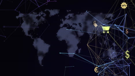 animación de la red de conexiones con iconos de compras en el mapa del mundo