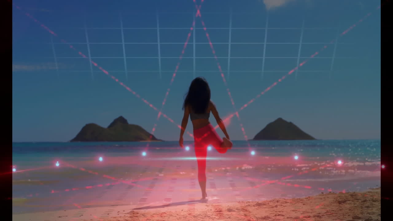 Woman running on beach with digital grid and red laser animation overlay