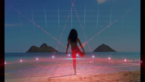 woman running on beach with digital grid and red laser animation overlay