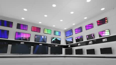 Interior-of-electronics-store-with-synchronized-video-playing-on-screens-of-multiple-televisions