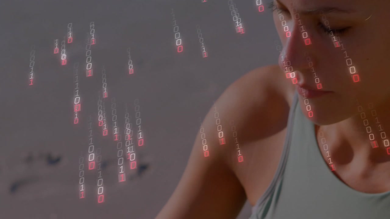Female meditator gazing on sandy beach starting binary overlay streaming across meditation gesture
