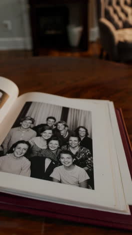 open photo album with vintage black and white family portraits