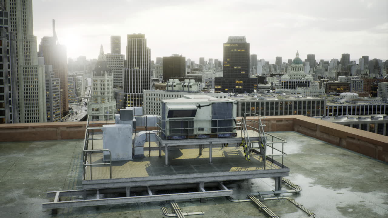 City skyline with rooftop air conditioning system at sunset