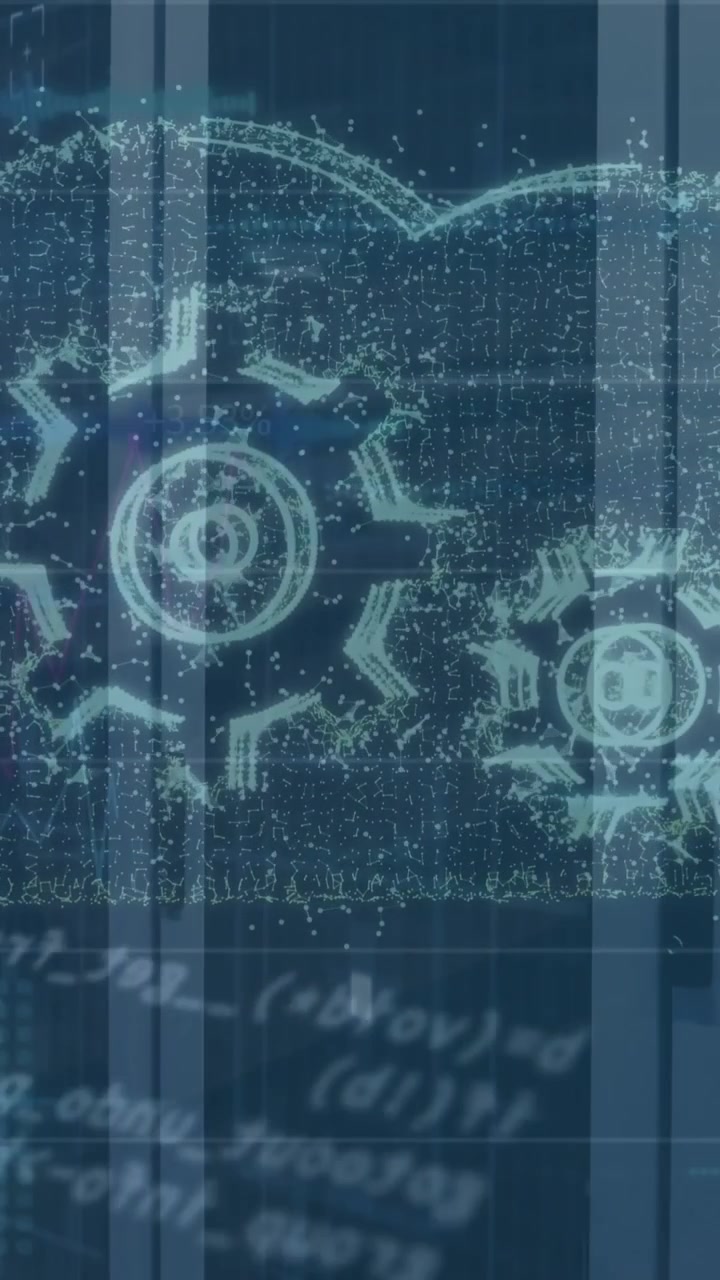 Animation of data processing and cloud with cogs over server room