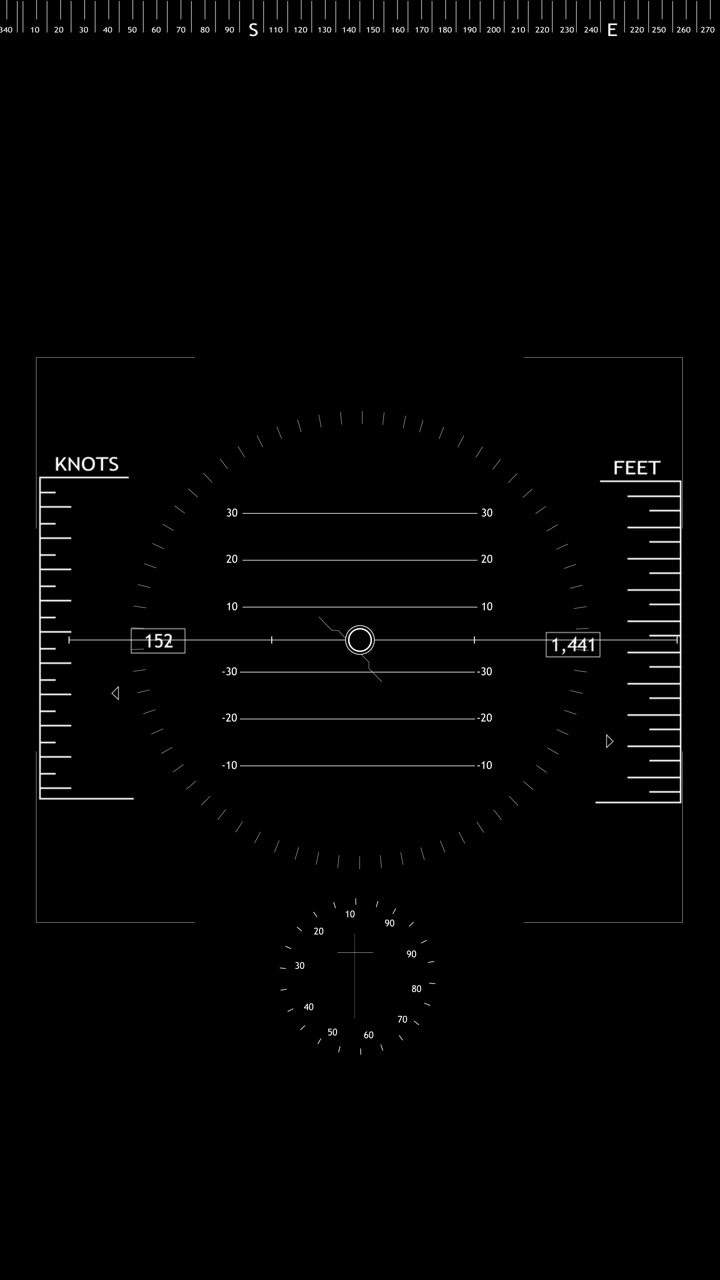 Black aviation hud instrument display with white altitude scales compass marks cockpit targeting