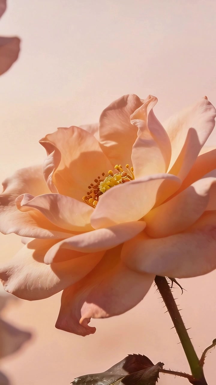 Video verticale: Una mano che entra e sfiora un fiore di rosa color pesca in studio, rivelando stelo e bocciolo.