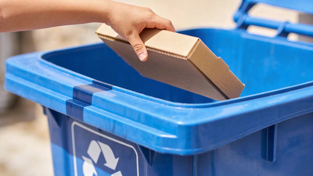 Lowering forearm tilting flattened cardboard into blue recycling bin at driveway, symbol visible