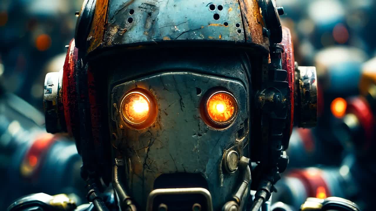 un grupo de robots de pie en una línea con ojos brillantes