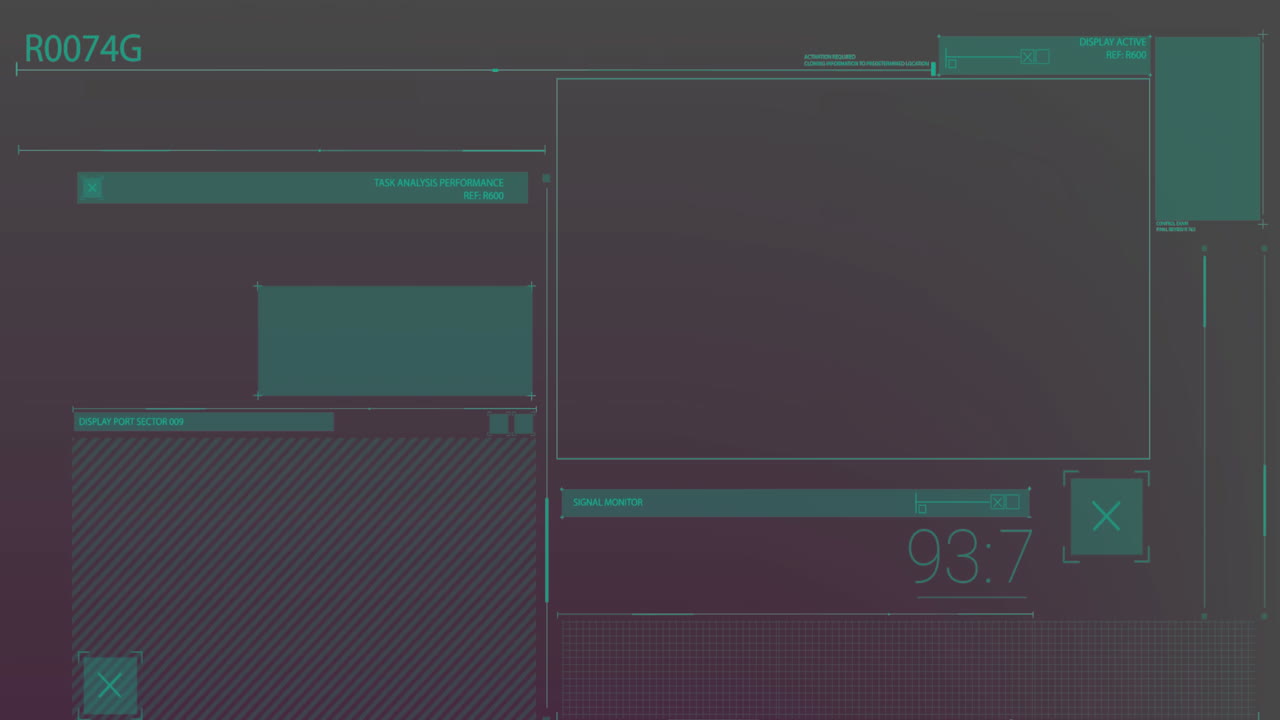 Animation of data processing over screens on dark background