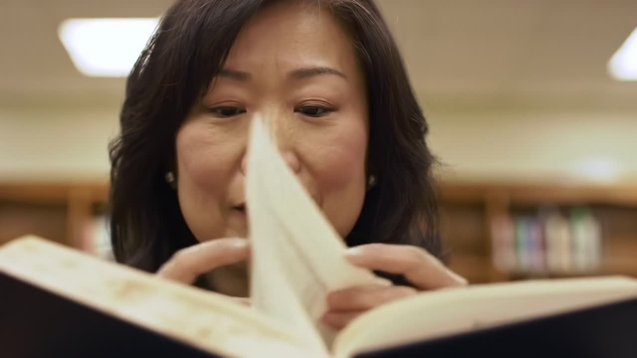 A thoughtful woman immerses herself in a book, reflecting on the knowledge within, surrounded by a cozy library atmosphere, enjoying the pleasure of reading.