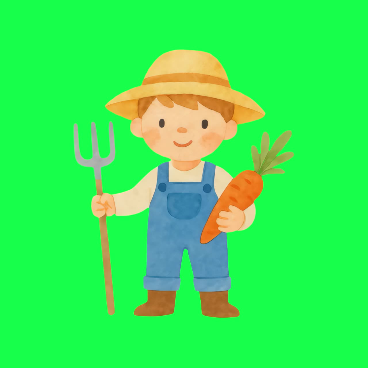 Cute farmer with carrot illustration animation, transparent 4K video, green screen