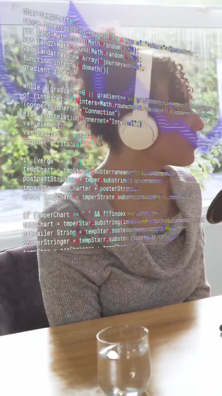 Vertical video: Woman wearing headset sitting, code or waveform starting hiding mic as podcasting