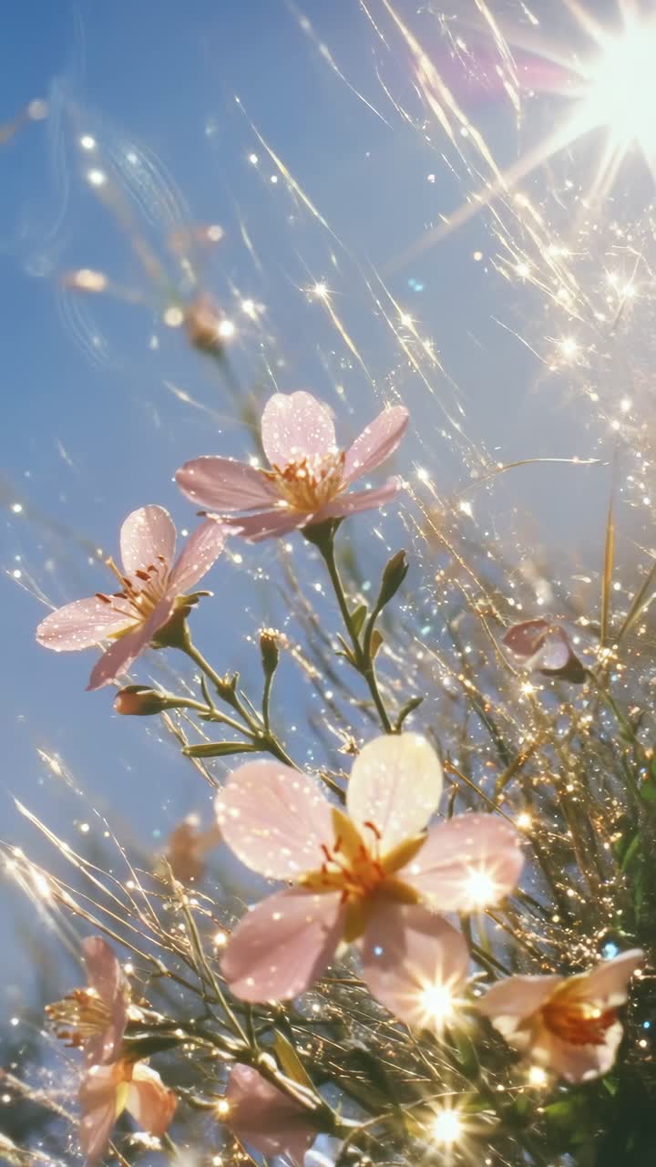 Close-up video of delicate pink flowers glistening in sunlight, captured from a low angle