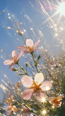 close-up video of delicate pink flowers glistening in sunlight, captured from a low angle