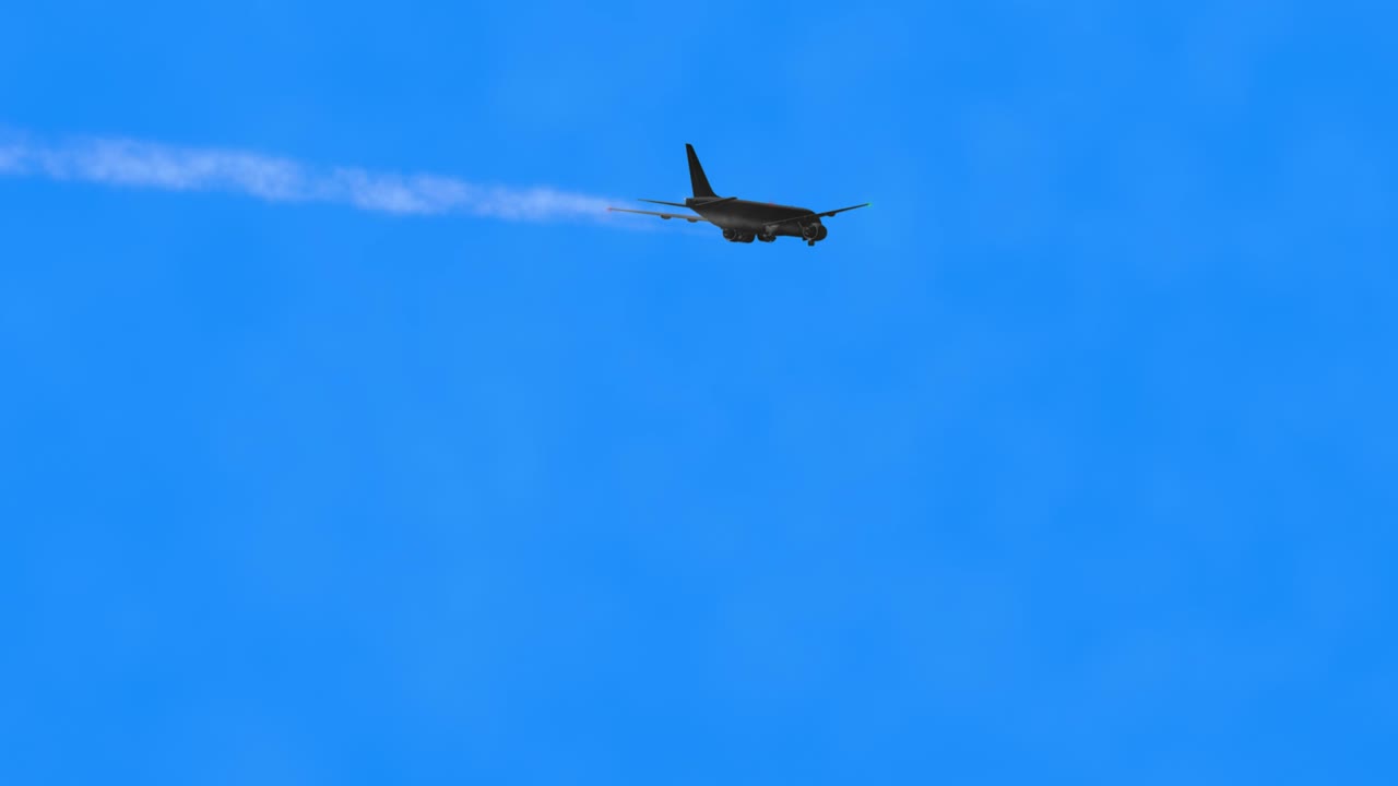 un modelo 3d volador de un avión con turbinas de trabajo, luces de funcionamiento y tren de aterrizaje abierto está planeando en un fondo transparente.