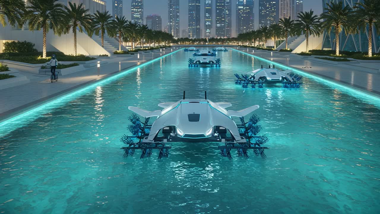 Futuristic Watercraft Navigating a Neon-Lit Canal in a Modern Urban Landscape During Nighttime, Showcasing Innovative Technology and Urban Design