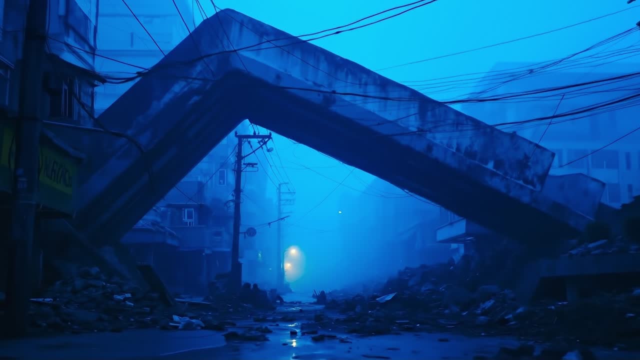 A bridge over a city street at night with a full moon in the background