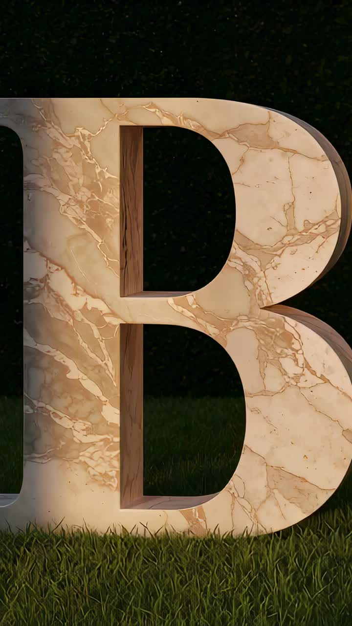 Vertical video: Shifting sunlight across marble letter B on grass by hedge, showing wood interior