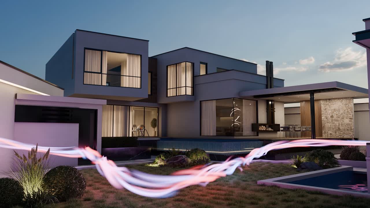 A Modern luxury house exterior with large windows, illuminated outdoor lighting, landscaped garden, and swimming pool, with light trails suggesting dynamic motion. Real estate, architecture