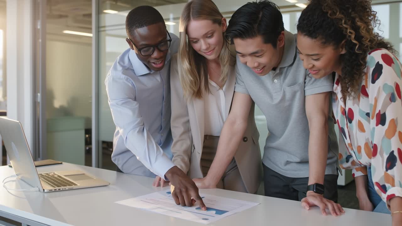 Group of happy young multiracial business people working together on laptop in modern office