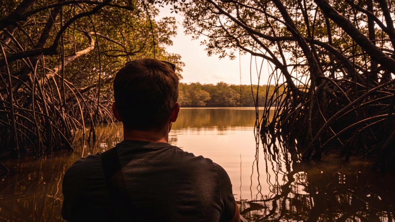 Sitting man breathing and watching treeline at mangrove inlet as warm light arriving, strap showing