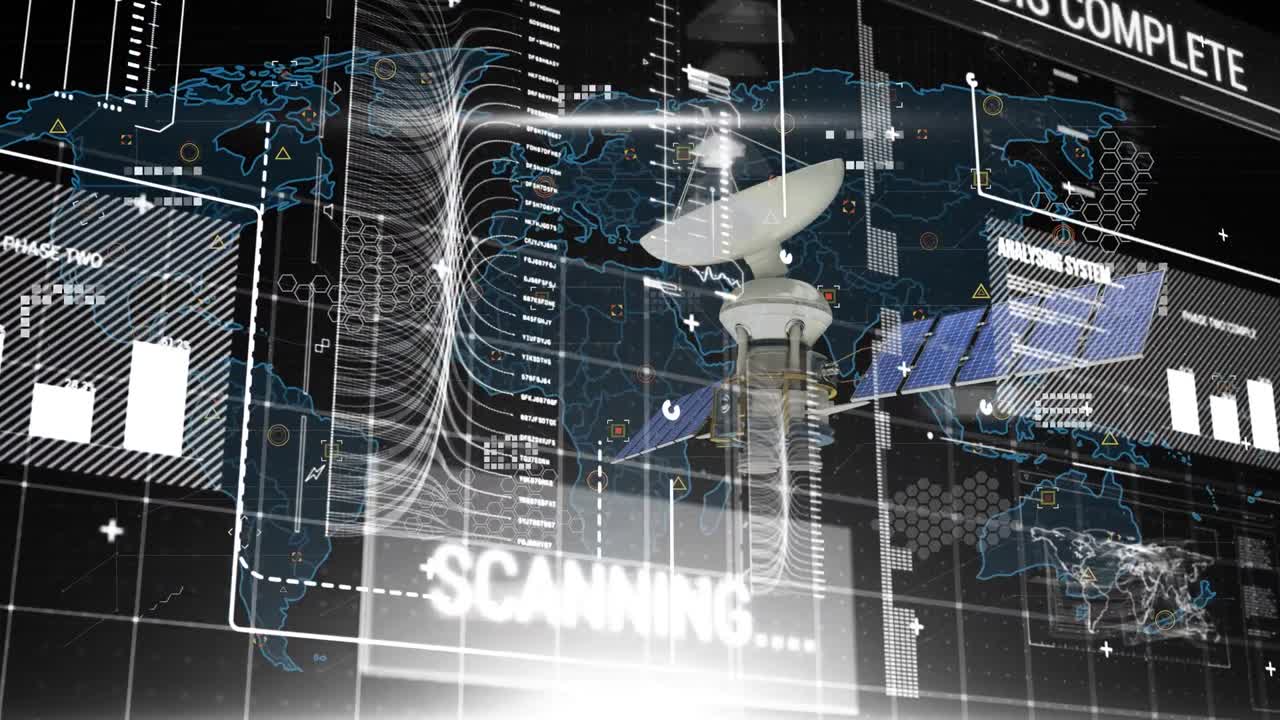 animazione di icone digitali e elaborazione dei dati su rete e satellite