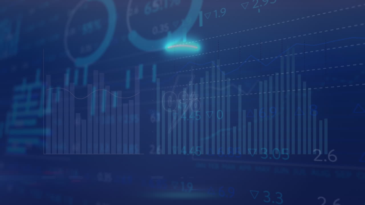 animación del icono del trueno en círculo sobre múltiples gráficos y tablero de negociación en fondo abstracto