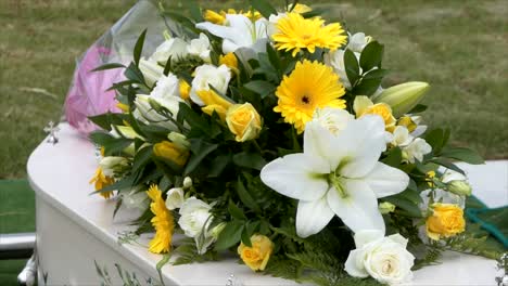 closeup shot of a funeral casket in a hearse or chapel or burial at cemetery