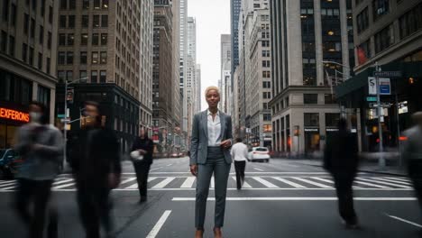 confident businesswoman standing on a busy city street
