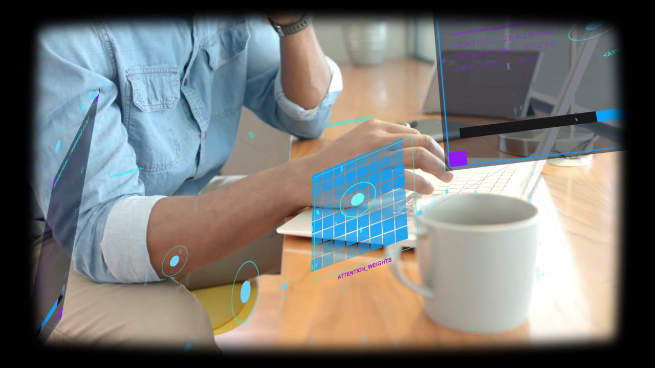 Man moving to phone checking tech as UI sliding over hands returning to laptop typing two-handed