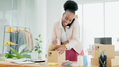 Black-woman,-logistics-and-phone-call-packing-box