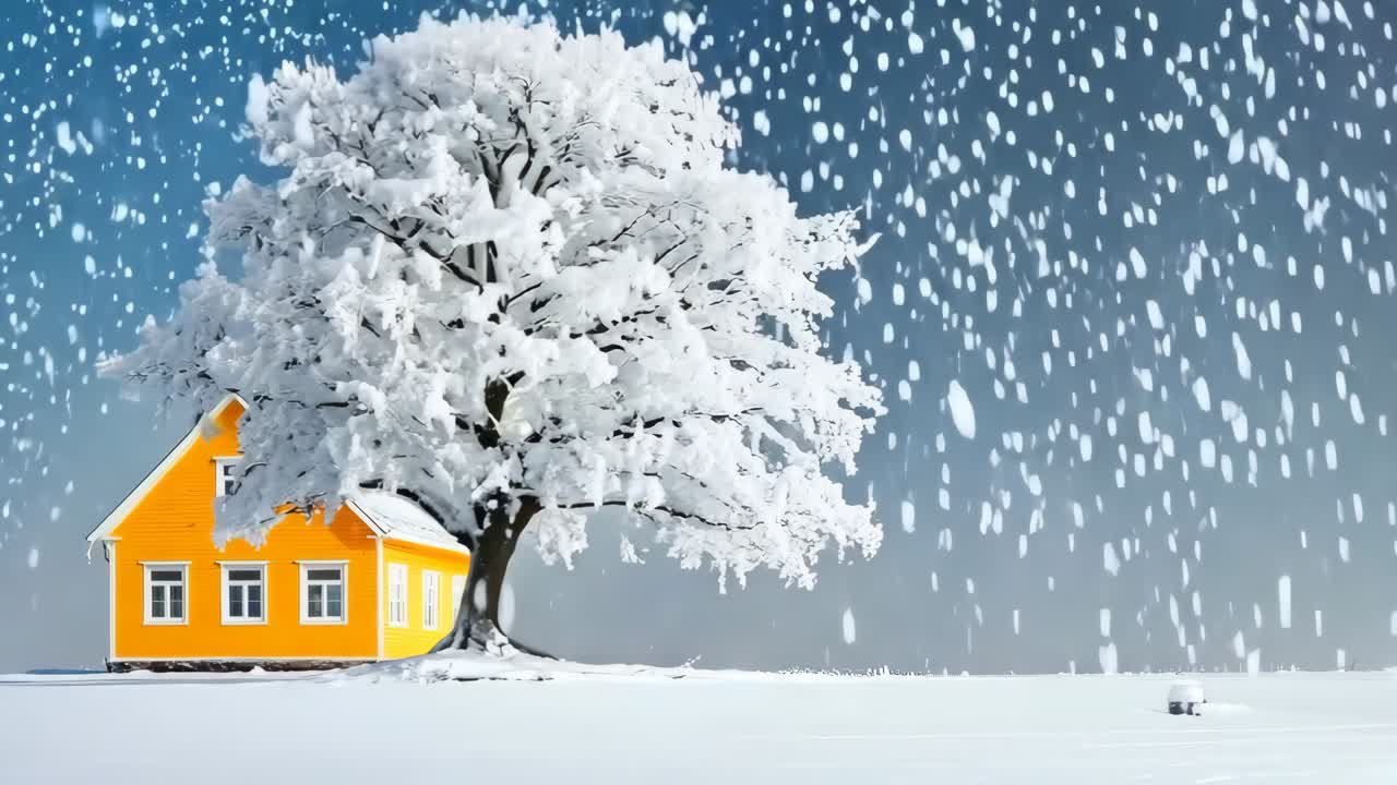 눈 인 들판 한가운데에 있는 작은 노란색 집