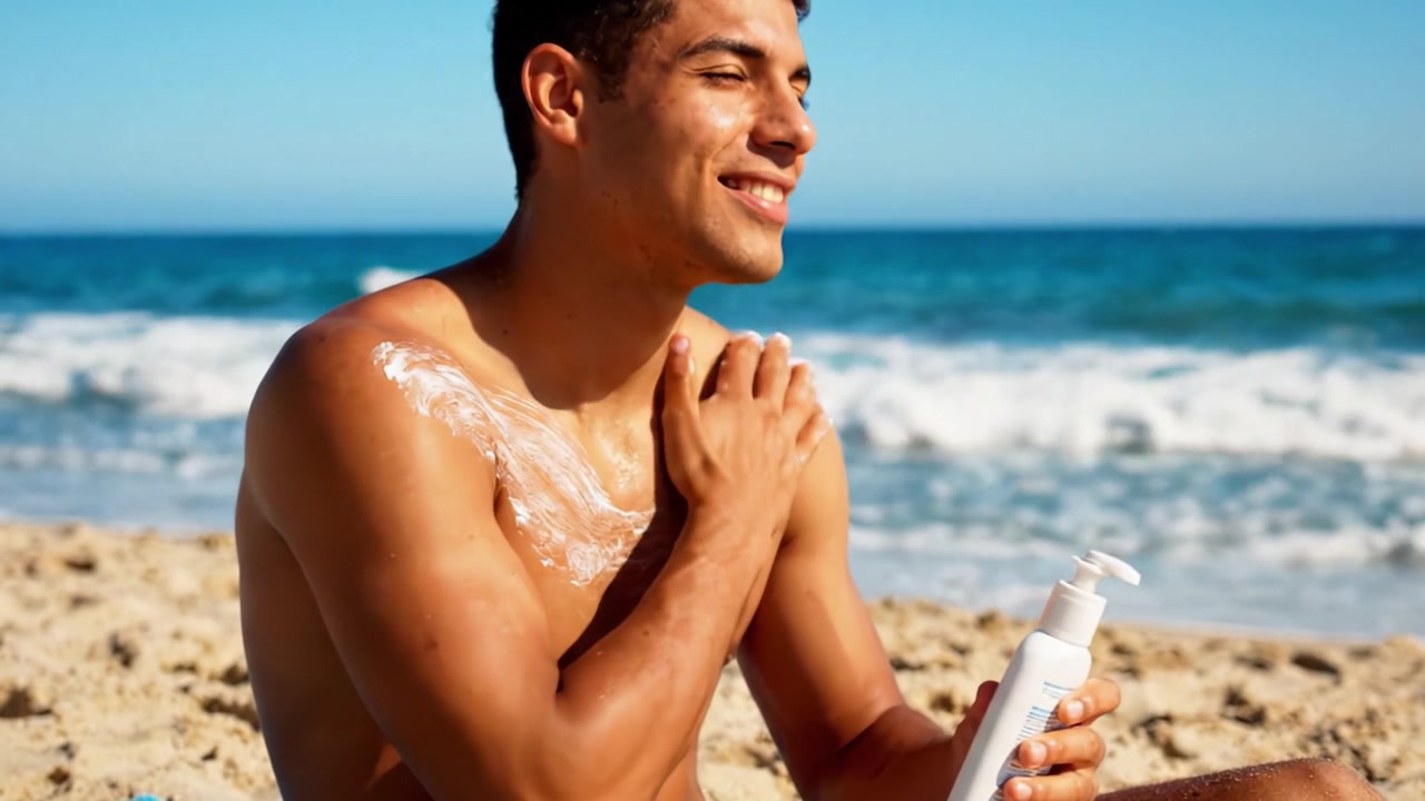 Sunshine and Skincare: A Young Man Enjoys His Day at the Beach While Applying Sunscreen to Protect His Skin from Harmful UV Rays