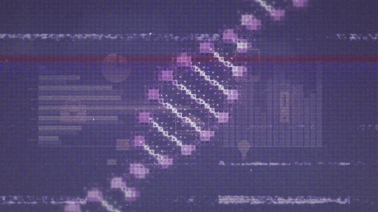 animación del efecto glitch sobre la estructura del adn y el procesamiento de datos estadísticos en fondo púrpura.