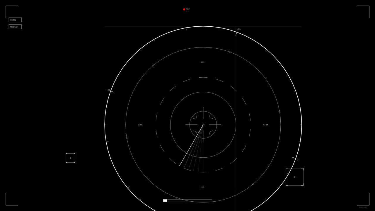 Et SCIFI HUD-element viser cirkulære linjer og markører på en sort baggrund. Dette design er velegnet til videoskabere og webdesignere, der har brug for visuelle effekter til deres projekter