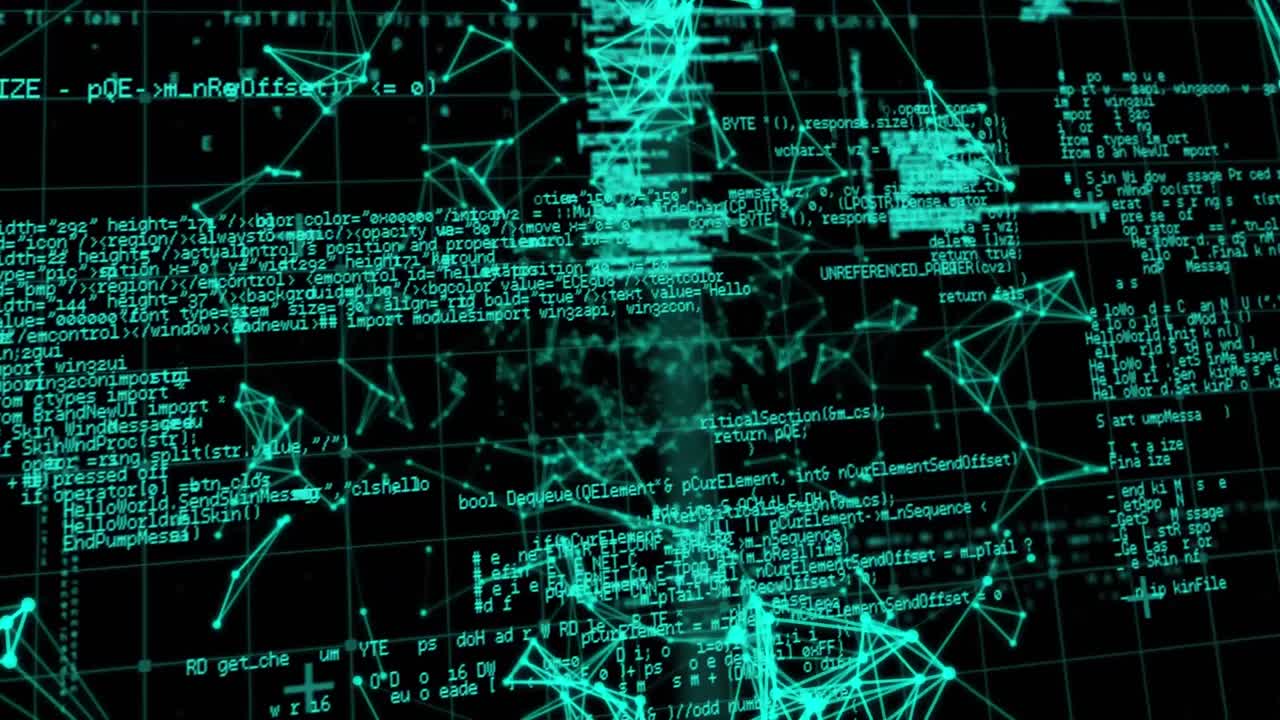 Network of connections and data processing on black background
