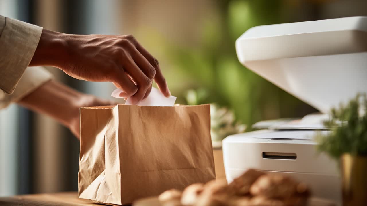 A person delicately places a note into a brown bag while surrounded by a serene environment, showcasing the act of commitment and attention in an everyday setting