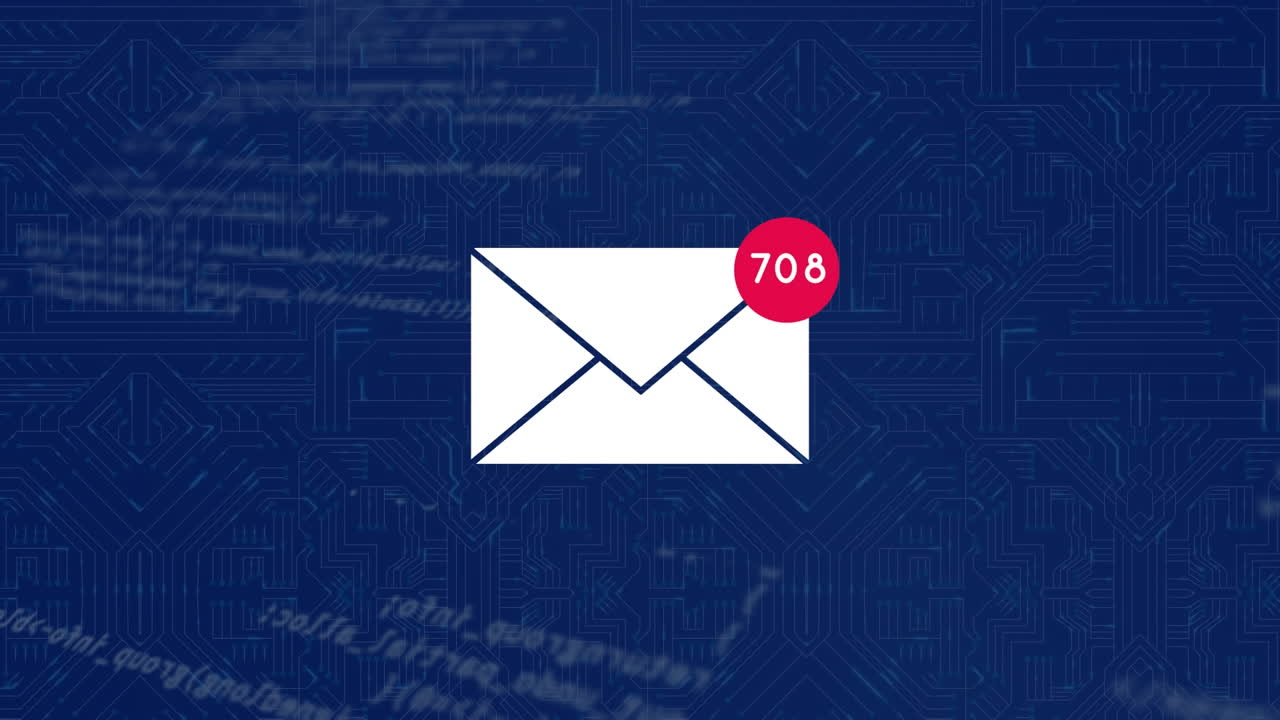 animación de números que cambian con iconos de sobres y procesamiento de datos