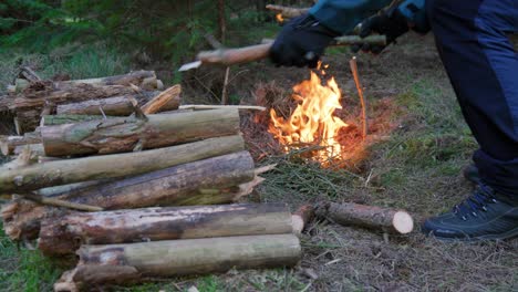 Mann-Mit-Kleinen-Holzscheiten-Zum-Verbrennen-In-Norfolk-Wald-Am-Abend