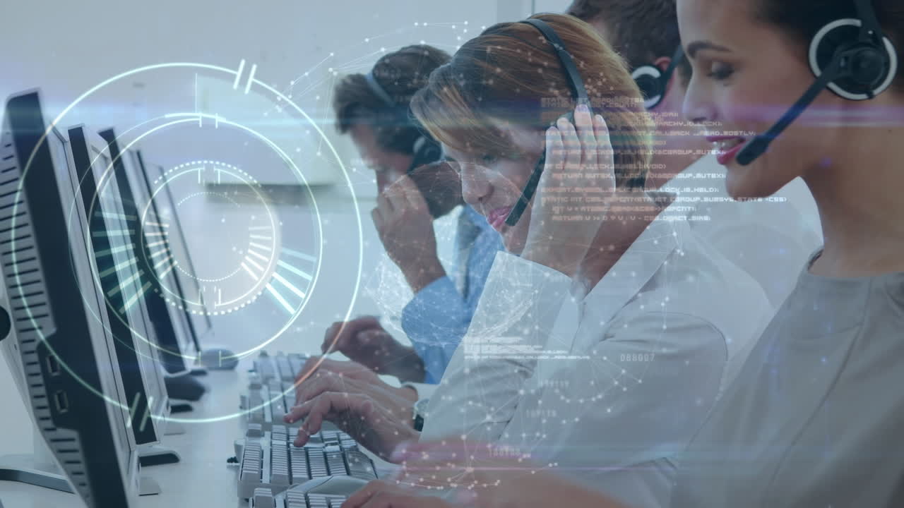 animación del alcance de la exploración sobre personas de negocios que usan auriculares telefónicos