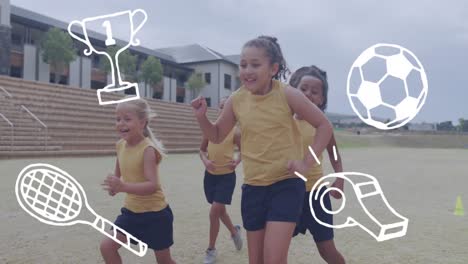 animation of sports icons over happy diverse schoolgirls playing football on sports field