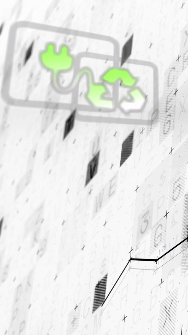 Video verticale: icona del riciclo che appare, si inclina, spina e grafico si muovono, visualizzando l'andamento dei dati tecnologici