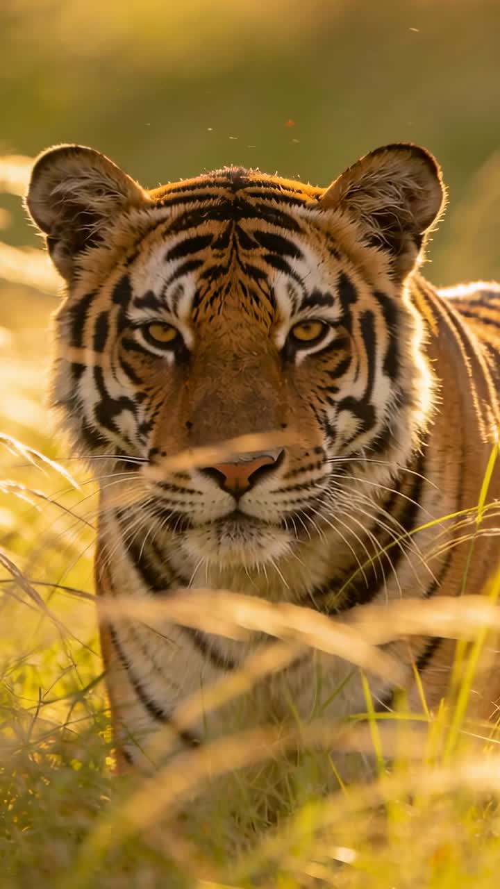 Video verticale: Tigre che cammina stimolata dalla telecamera che si avvicina nell'erba alta, con polvere che si solleva