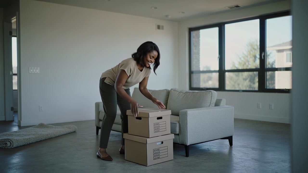 Entering woman carrying boxes into home moving in, placing beside sofa in beige top, copy space