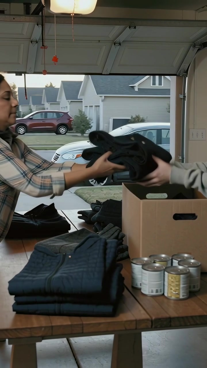 Vertical video: Folding woman garage-table handing clothes to helper packing box cans, copy space