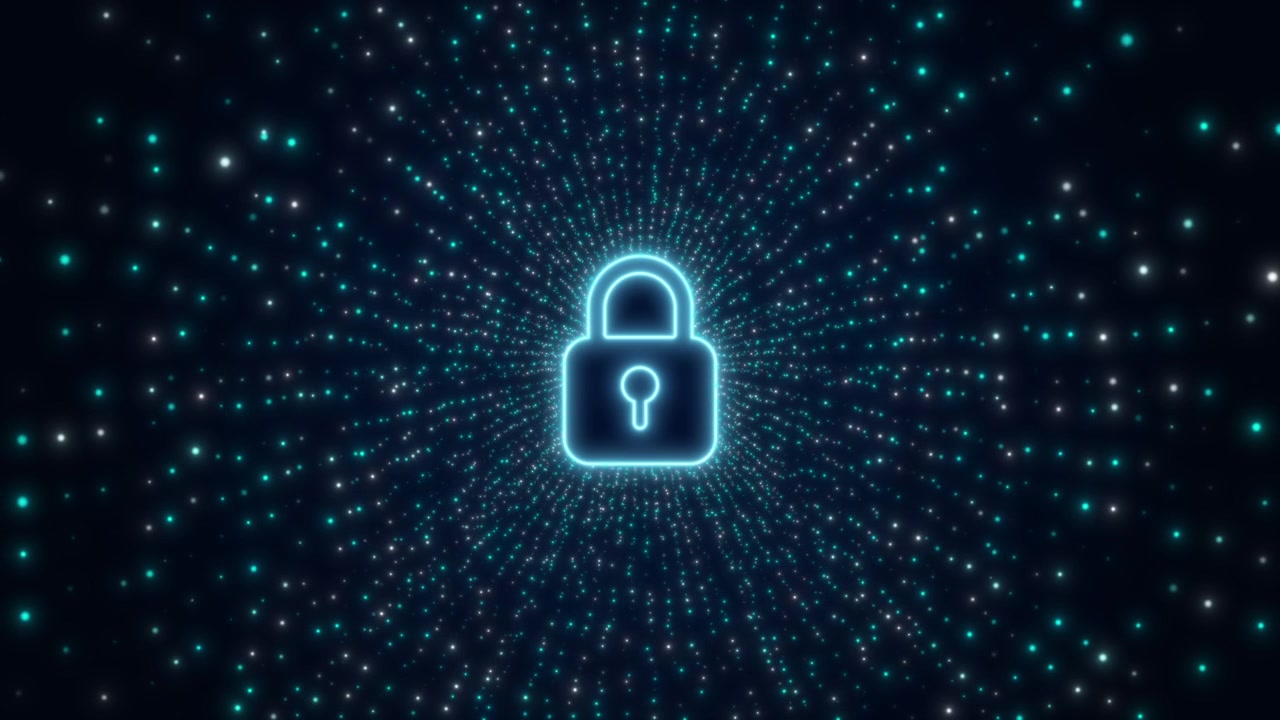 Glowing Digital Padlock Icon Surrounded by Abstract Data Particles