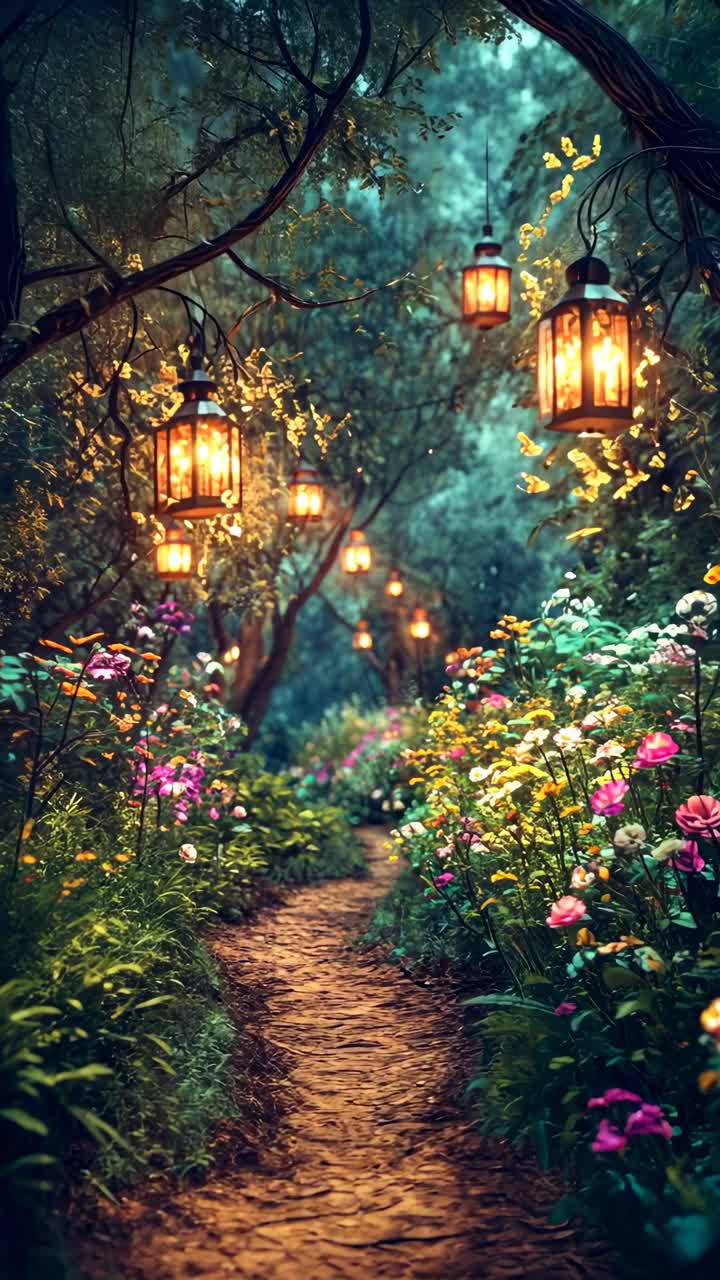 A magical garden path with glowing lanterns and vibrant flowers ...