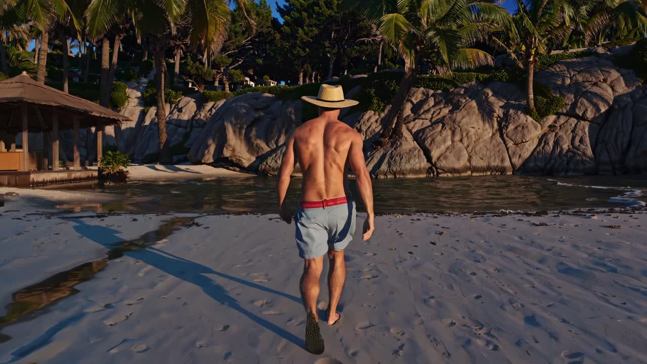 열대 해변에서 달리는 해변 쇼트와  모자를 입은 애니메이션 투스, 같은 해변에서 고 주변을 둘러보는 관광객을 따라