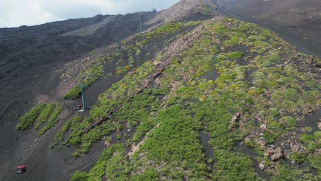 Mount-Etna-Volcano-Cable-Car-to-top-of-the-Crater-in-Sicily,-Italy---Aerial-4k