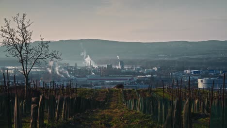 Timelapse-De-Zona-Industrial-En-Krems-Con-Humo-Y-Contaminación-Saliendo-De-Chimeneas